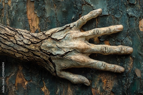 A hand seamlessly merges with bark, symbolizing human connection with nature and the environment. photo