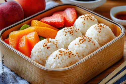 Deliciously arranged bento box containing rice balls topped with sesame seeds, fresh strawberries, mango slices, and vibrant seasonal fruits on a wooden table photo