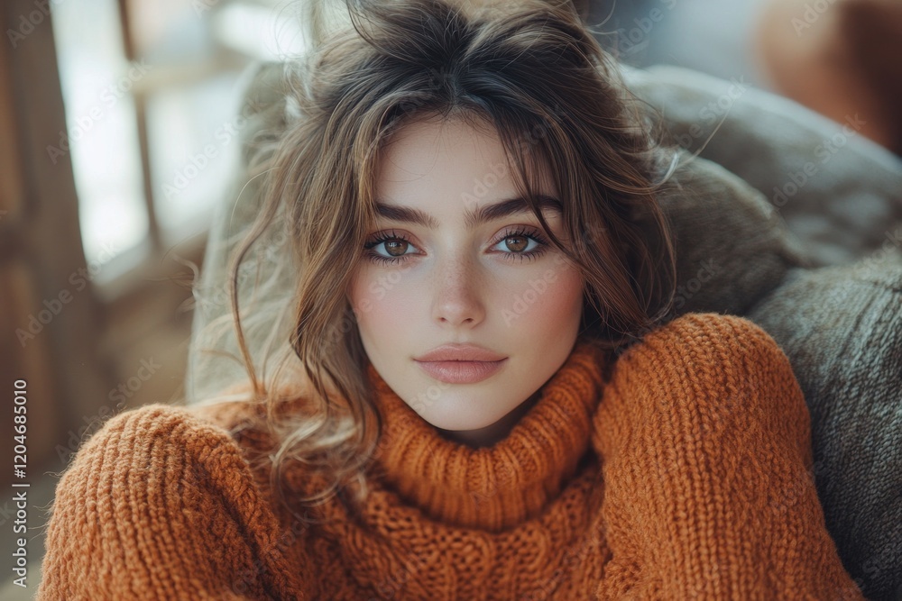 Joyful woman laughing at home in cozy burnt orange sweater during winter Joyful woman laughing at home in cozy burnt orange sweater during winter