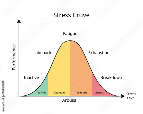 stress Level graph from too little arousal to distress and feel anxiety, exhaustion, breakdown 
