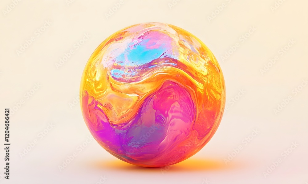 Iridescent sphere with swirling orange, pink, and blue paint. Iridescent sphere with swirling orange, pink, and blue paint.
