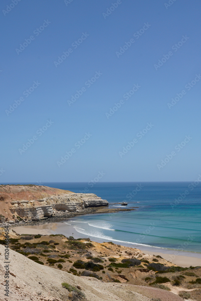 Scenic beach cliffs on South Australian coastal area. Maslin Beach, Pt Willunga area with waves. Artwork with artistic tones. Scenic beach cliffs on South Australian coastal area. Maslin Beach, Pt Willunga area with waves. Artwork with artistic tones.