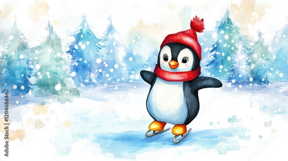 Obraz premium Cute penguin ice skate cartoon style