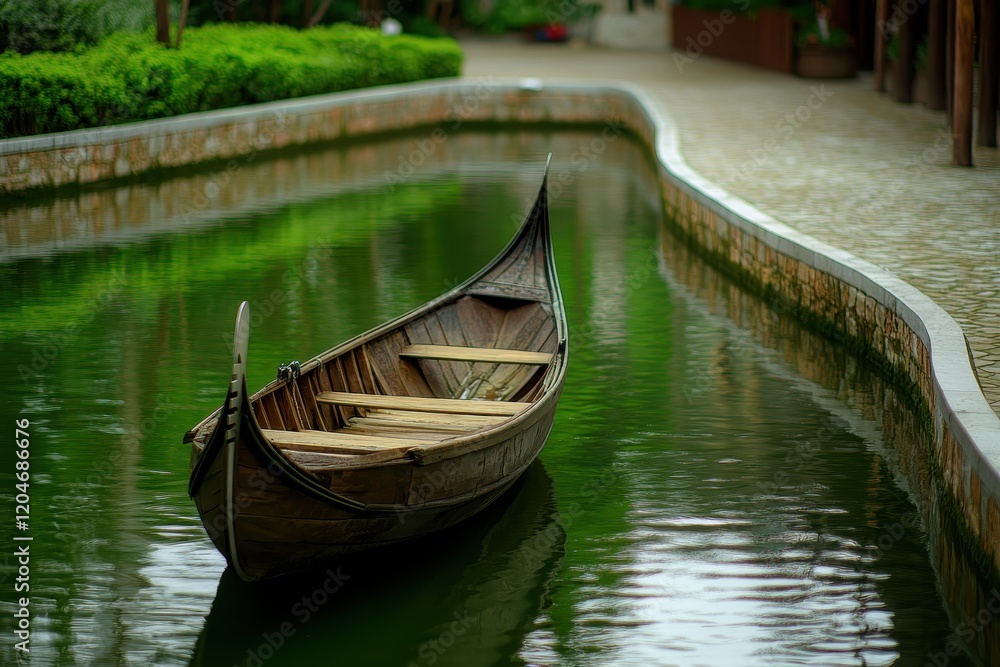 Tranquil Scene of a Traditional Wooden Gondola Floating on Serene Green Waters in a Lush Garden Setting, Offering a Peaceful Escape into Nature's Embrace Tranquil Scene of a Traditional Wooden Gondola Floating on Serene Green Waters in a Lush Garden Setting, Offering a Peaceful Escape into Nature's Embrace