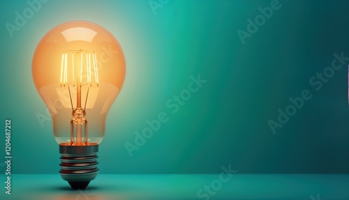 Bright light bulb glows vividly against solid teal background representing inspiration, innovative ideas. Glowing light new ideas, bright future. Photo suitable for tech marketing, creative projects