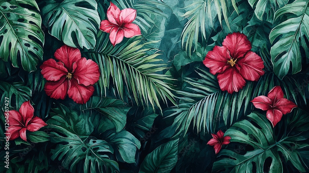 Lush Tropical Floral Paradise Dark Green Leaves Red Hibiscus Flowers Artistic Painting Lush Tropical Floral Paradise Dark Green Leaves Red Hibiscus Flowers Artistic Painting