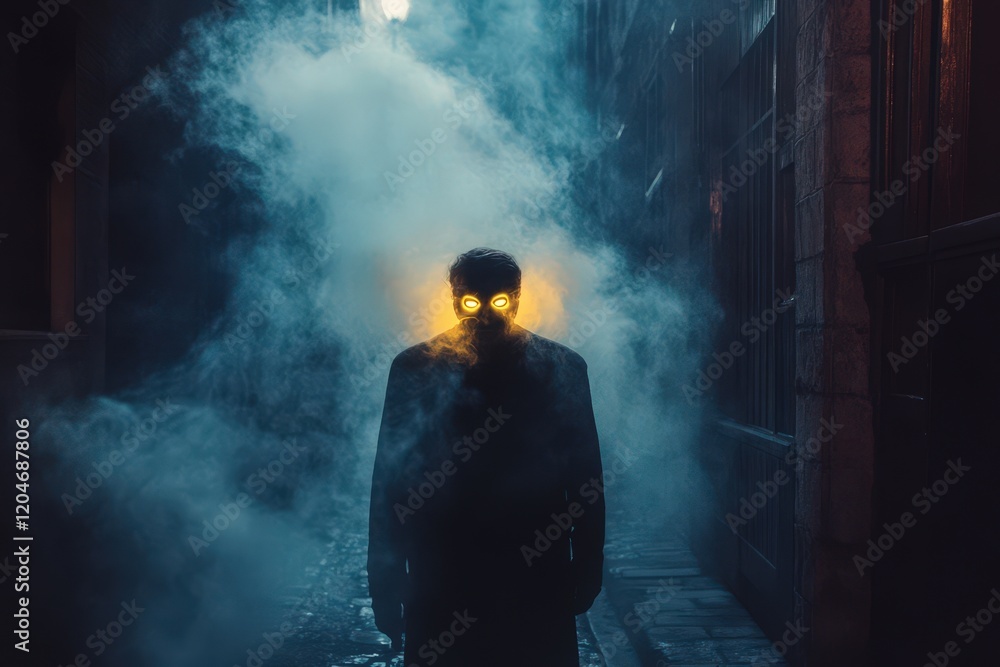 Mysterious Figure In Smoky Alleyway Wearing Glowing Mask Mysterious Figure In Smoky Alleyway Wearing Glowing Mask