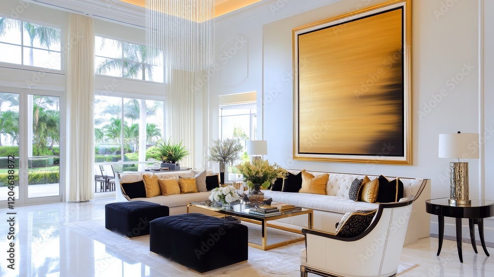 Fototapeta premium Elegant living room with modern decor, featuring a large artwork and stylish furnishings.