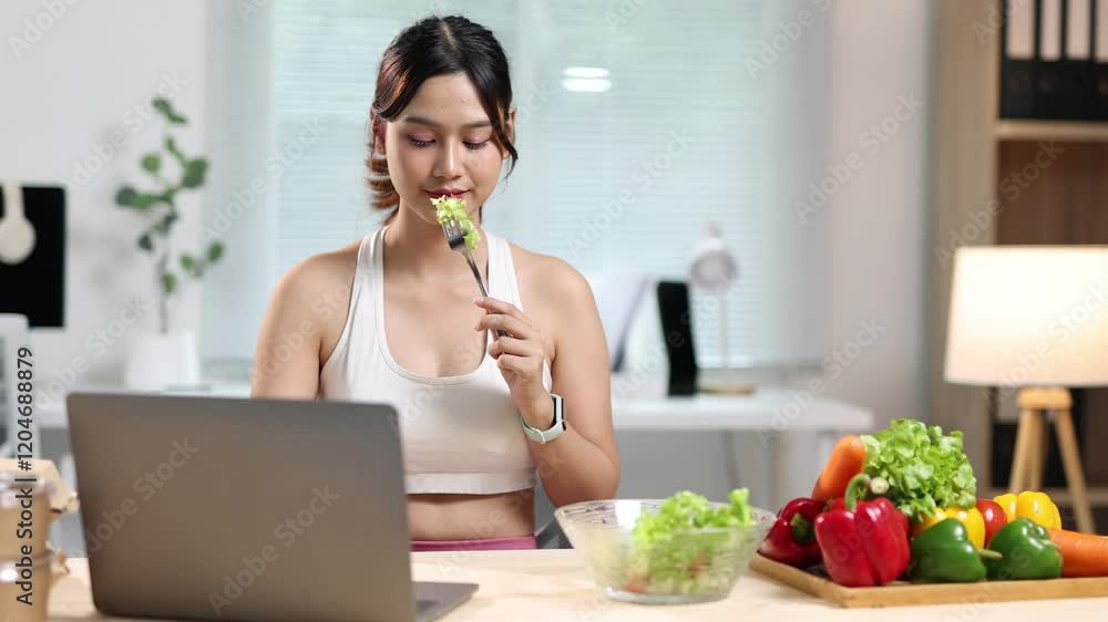 Young fitness woman eating salad while working at home. Young woman in sportswear sits at her desk, enjoying a healthy salad while working on her laptop. Young fitness woman eating salad while working at home. Young woman in sportswear sits at her desk, enjoying a healthy salad while working on her laptop.