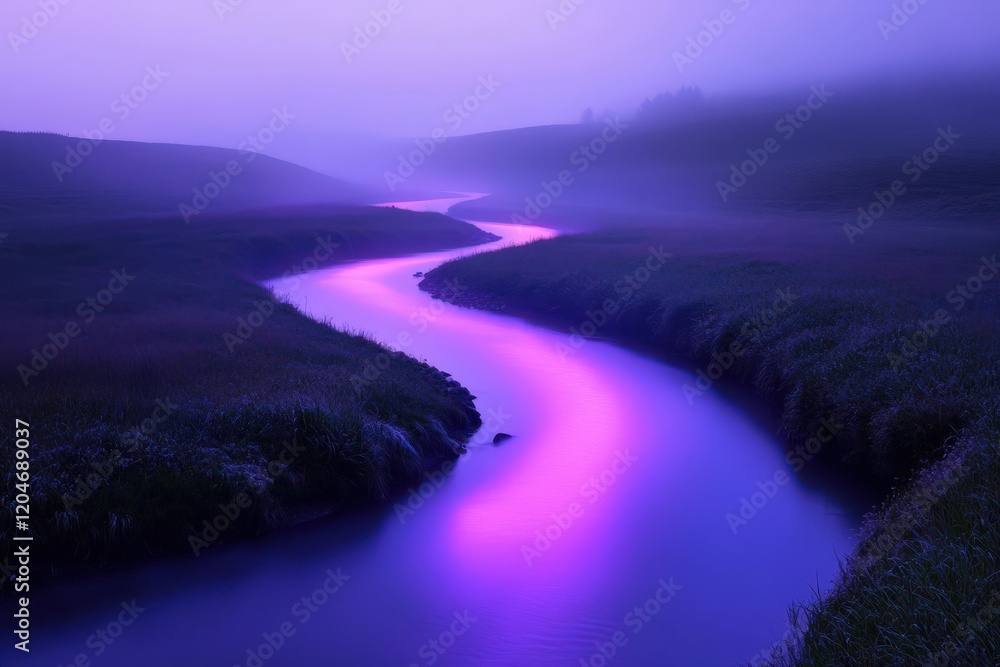 Fototapeta premium Serene River Winding Through Misty Purple Hills