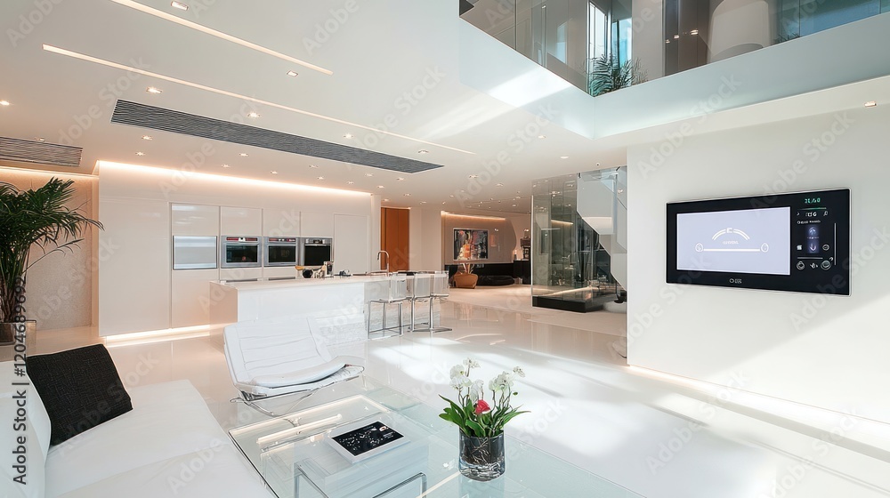 Modern Luxury Smart Home Interior Design: Open-Plan Living Space with Sleek White Kitchen and Integrated Technology Modern Luxury Smart Home Interior Design: Open-Plan Living Space with Sleek White Kitchen and Integrated Technology