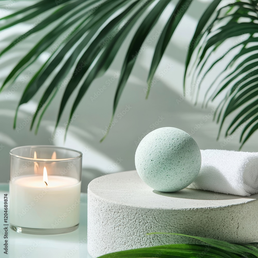 Spa composition with burning candle and green palm leaves on white background Spa composition with burning candle and green palm leaves on white background