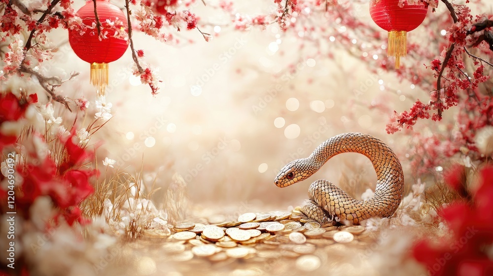 Obraz premium Golden Snake Amidst Cherry Blossoms and Gold Coins