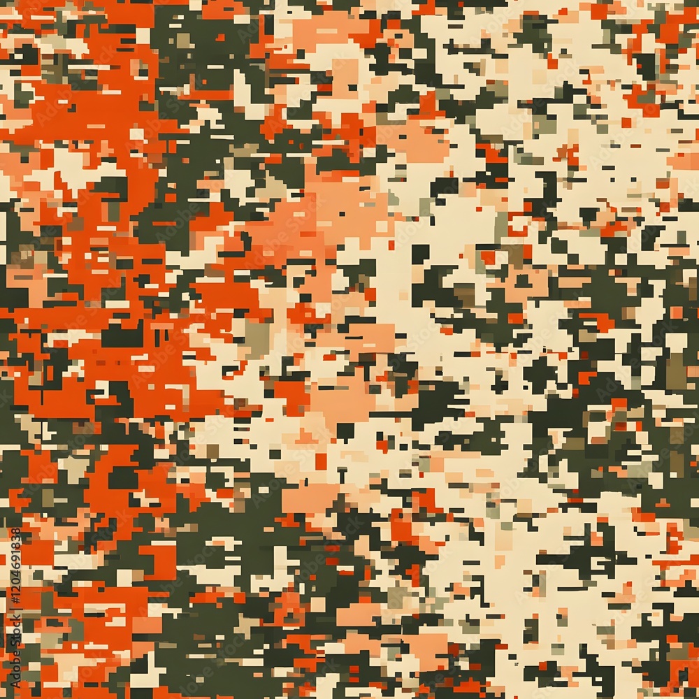 Fototapeta premium Digital camouflage background, army black, orange, red, chocolate, and light brown color, with a blend of natural colors used for camouflage