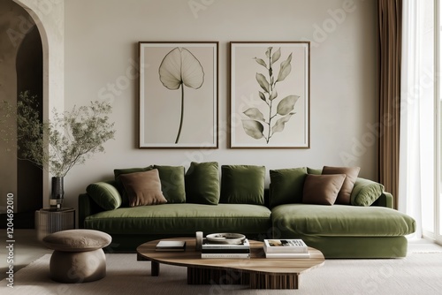 Modern Living Room Interior with Green Velvet Sofa and Botanical Art Prints