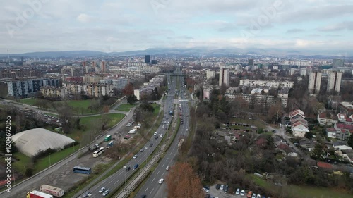 4K Aerial cinematic video - city of Zagreb, capital of Croatia, a view of the famous Marin Držić Avenue passing between the residential neighborhoods of Savica, Trnje, Pešćenica and Borovje photo