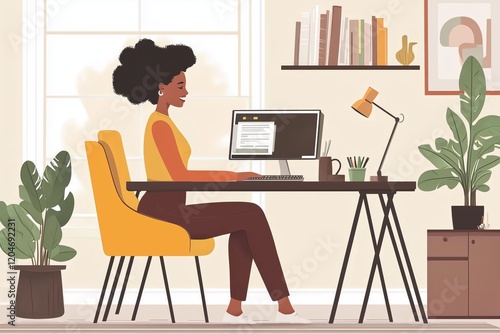 Female Working Professionally at Her Desk with a Computer in a Modern Home Office Setting