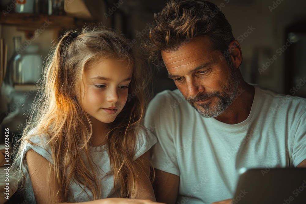Father and Daughter Engaged in Digital Learning Together in Cozy Kitchen Father and Daughter Engaged in Digital Learning Together in Cozy Kitchen