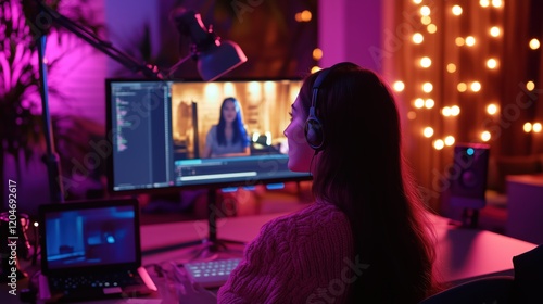 Female streamer broadcasting video game live in dark room with neon lights and professional microphone setup