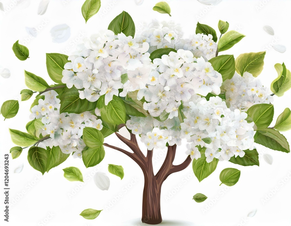 Tree vector white Hydrangea flowers and Apple blossom with flying petals in watercolor style for 8 March, wedding, Valentine's Day, Mother's Day, sales and other seasonal events. Tree vector white Hydrangea flowers and Apple blossom with flying petals in watercolor style for 8 March, wedding, Valentine's Day, Mother's Day, sales and other seasonal events.