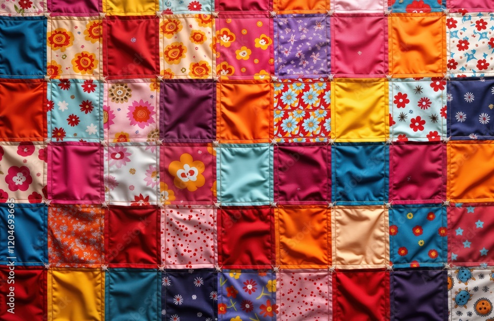 Fototapeta premium Colorful patchwork quilt with many different patterns, vibrant colours. Square unique textile design. Handmade quilt traditional patchwork style. Lovely example of textile art, craft. Quilt wonderful
