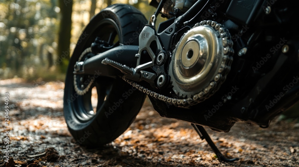 Motorcycle Rear Wheel Closeup: A Detailed Look at the Chain Drive System in a Forest Setting Motorcycle Rear Wheel Closeup: A Detailed Look at the Chain Drive System in a Forest Setting