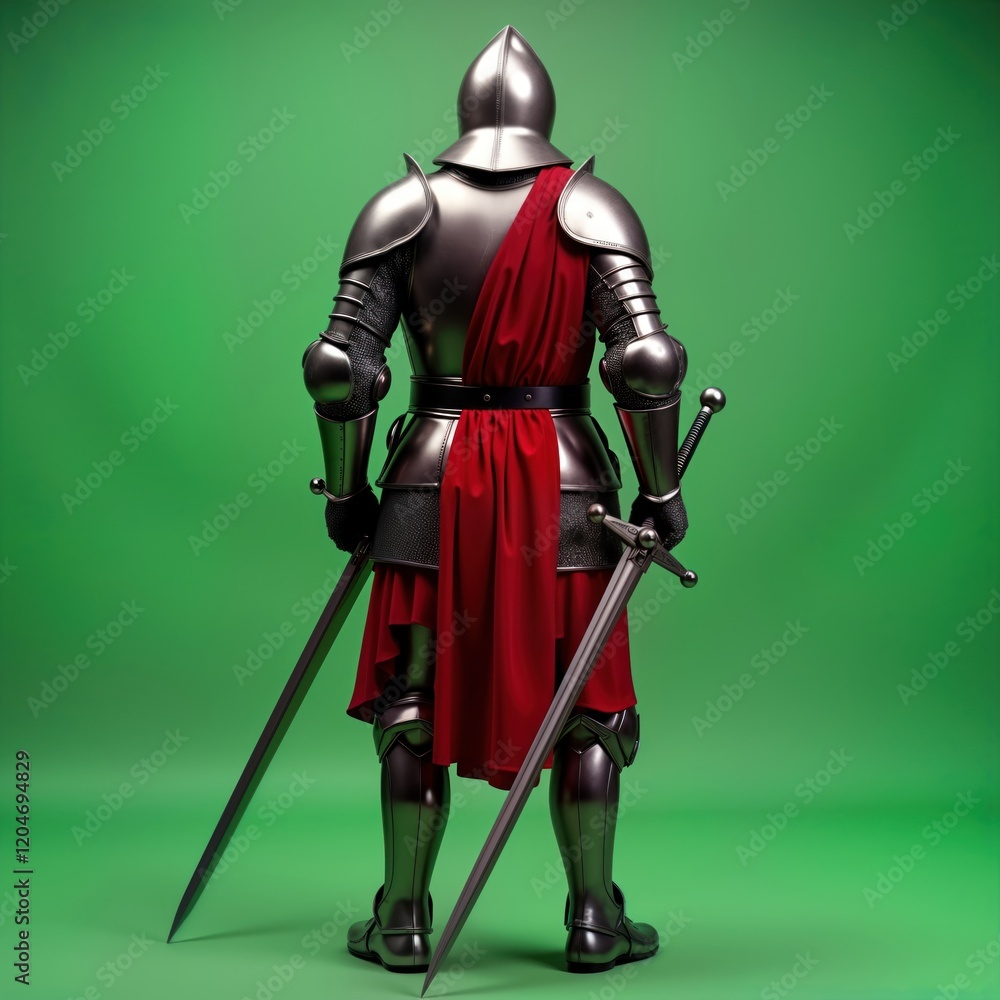 Medieval warrior in full body armor stands with back turned. Wears complete plate armor, red cloak. Holds two swords. Isolated on green screen background. Historical figure character. Powerful pose. Medieval warrior in full body armor stands with back turned. Wears complete plate armor, red cloak. Holds two swords. Isolated on green screen background. Historical figure character. Powerful pose.