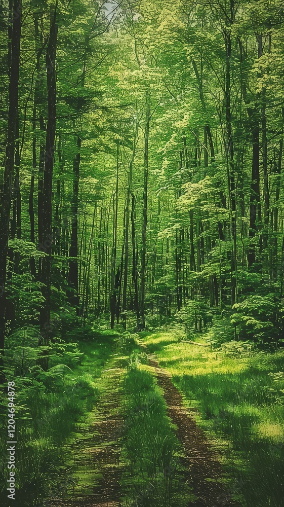 Obraz premium A serene, sunlit forest path surrounded by lush green trees, inviting exploration and showcasing nature's beauty.