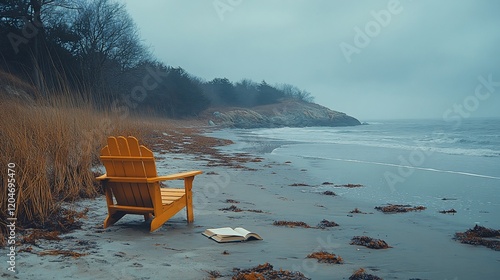 Solitude by the Sea: A Serene Beachscape with Adirondack Chair and Book