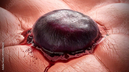 Realistic 3D Render of a Bursting Blood Blister: Close-Up Visualizing a Dark Purple, Fluid-Filled Hematoma on Skin Tissue for Medical Illustration