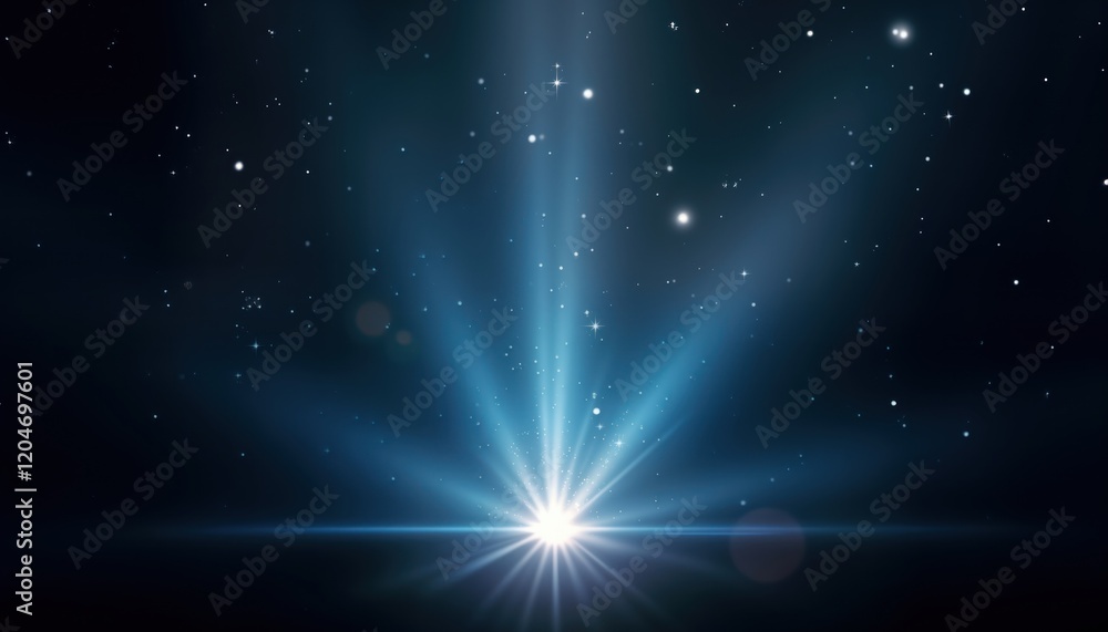 Fototapeta premium Bright light explosion fills dark space. Light beams radiate outwards from central point. Glittering particles, lens flare effects add dynamic energy. Abstract illustration perfect for banners,