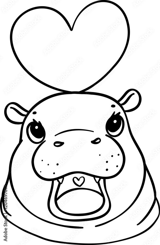 Naklejka premium Cute Valentine Pygmy Hippo with heart Coloring image