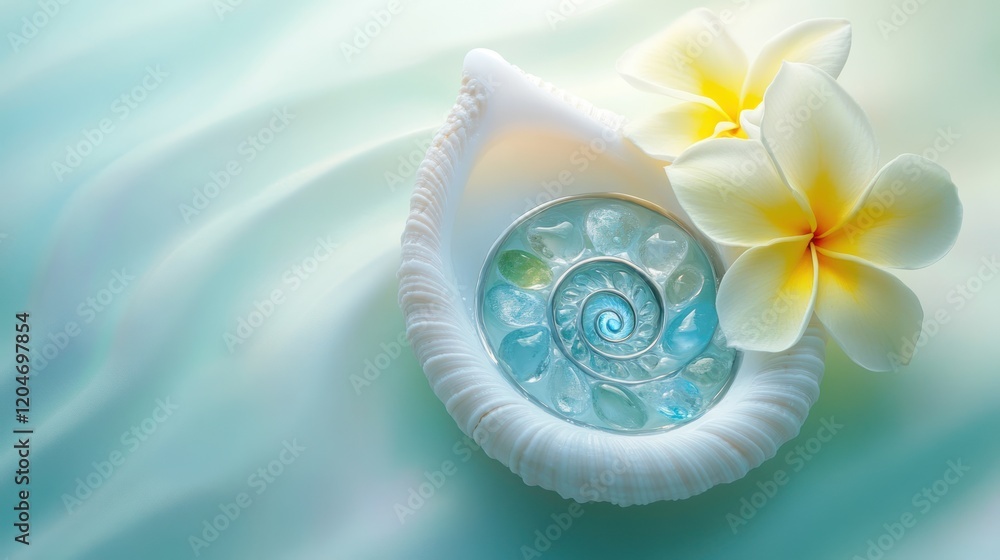 Fototapeta premium Delicate seashell, flowers, crystals, serene turquoise background