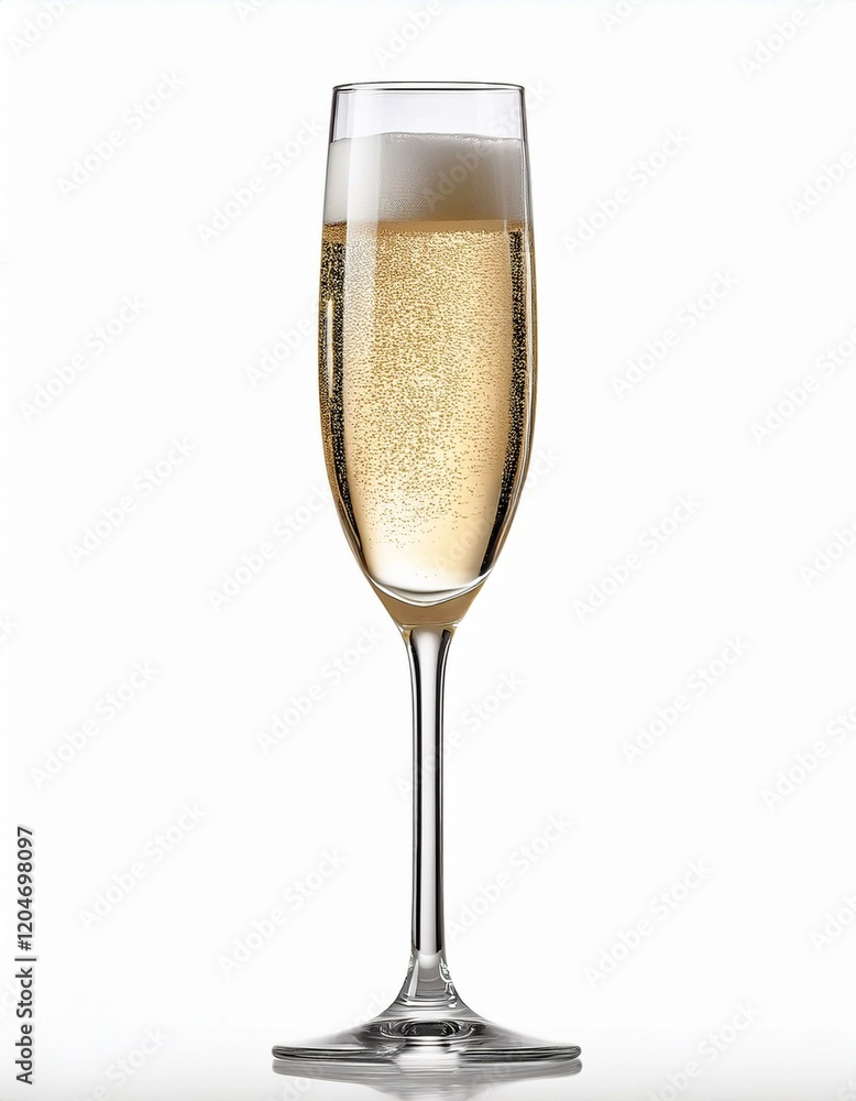A tall glass of sparkling wine sits on a white background. A tall glass of sparkling wine sits on a white background.