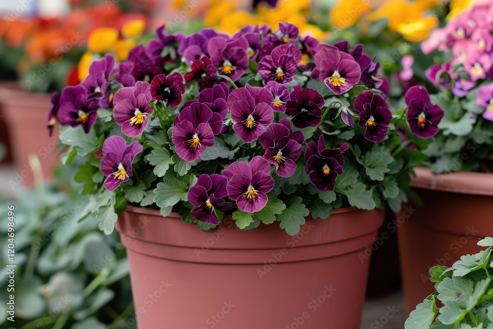 A vibrant pot of purple pansies surrounded by colorful blooms, adding charm and beauty to any garden setting. A vibrant pot of purple pansies surrounded by colorful blooms, adding charm and beauty to any garden setting.
