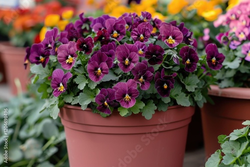Wallpaper Mural A vibrant pot of purple pansies surrounded by colorful blooms, adding charm and beauty to any garden setting. Torontodigital.ca