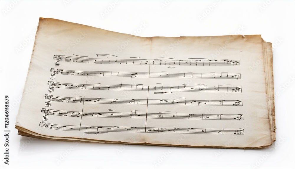 Naklejka premium Aged sheet music rests on a white background.