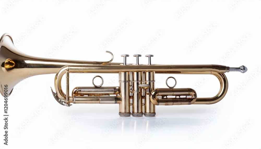 A gleaming golden trumpet rests on a white background, ready to play. A gleaming golden trumpet rests on a white background, ready to play.