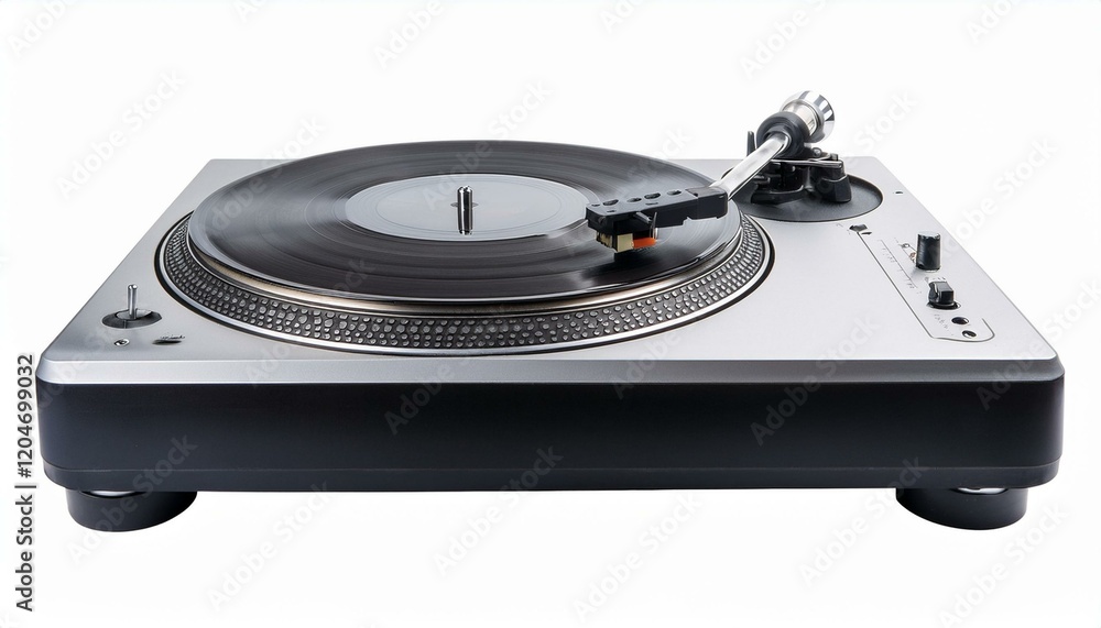 Fototapeta premium Turntable playing vinyl record. Silver and black audio equipment.