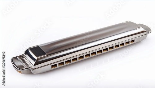 Sleek silver harmonica on white background. photo