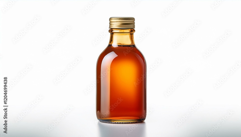 Amber liquid in a glass bottle with a gold cap. Amber liquid in a glass bottle with a gold cap.
