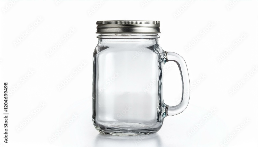 Empty glass mason jar with a handle and metal lid. Empty glass mason jar with a handle and metal lid.