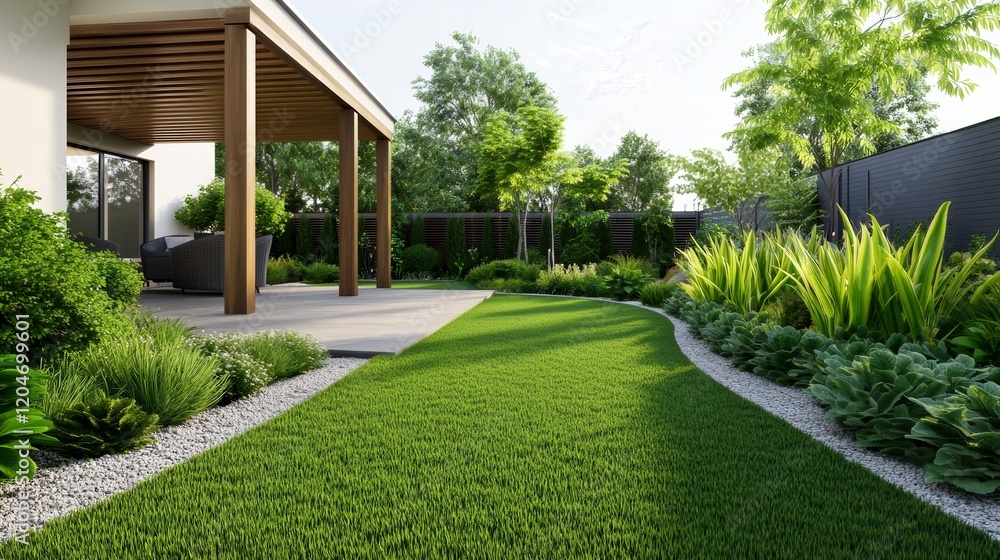 A serene garden with a curved pathway, lush greenery, and a covered patio area. A serene garden with a curved pathway, lush greenery, and a covered patio area.