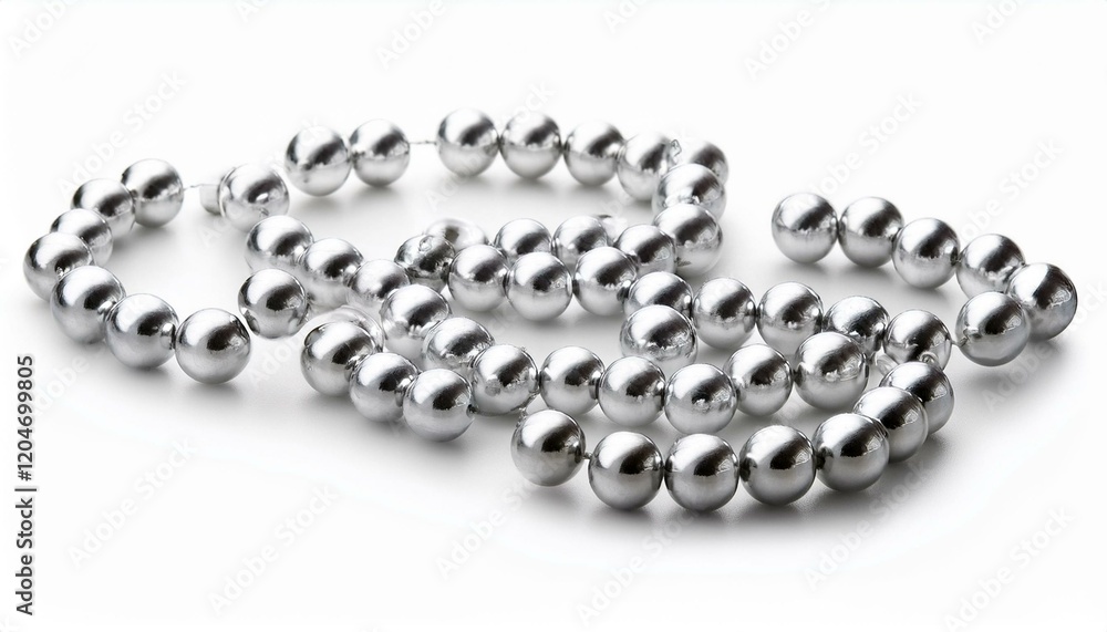 Silver beads arranged in a delicate, intertwined pattern on a white background. Silver beads arranged in a delicate, intertwined pattern on a white background.