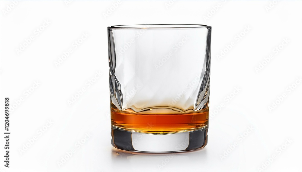 A rocks glass with amber liquid, set against a stark white backdrop. A rocks glass with amber liquid, set against a stark white backdrop.