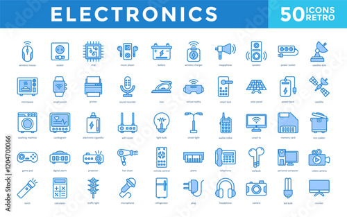 Electronics icon set with wireless mouse, socket, chip, music player, battery, wireless charger, megaphone, speaker, power socket, satellite dish icon. Simple retro vector 
