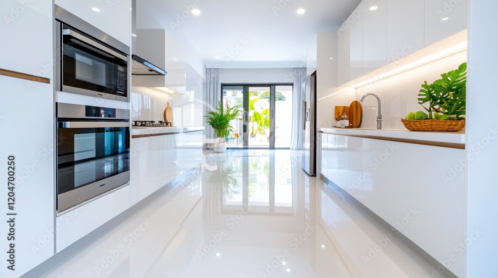 Fototapeta premium Modern Sleek Kitchen Interior with Open Layout and Bright Lighting