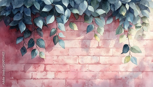 Watercolor Illustration of Lush Green Leaves Against Pink Brick Wall Spring Botanical Decoration