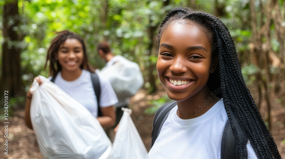 Group of Volunteers Smiling While Holding Trash Bags in a Lush Green Forest Area on a Bright Sunny Day Promoting Environmental Cleanliness and Team Spirit Group of Volunteers Smiling While Holding Trash Bags in a Lush Green Forest Area on a Bright Sunny Day Promoting Environmental Cleanliness and Team Spirit