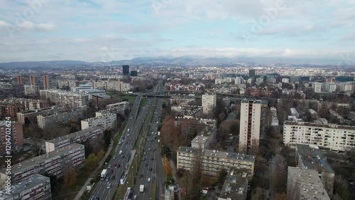 4K Aerial cinematic video - city of Zagreb, capital of Croatia, a view of the famous Marin Držić Avenue passing between the residential neighborhoods of Savica, Trnje, Pešćenica and Borovje photo